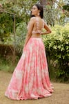 Shop_Vana Ethnics_Pink Viscose Georgette Print Pearls Plunging Petunia Garden Lehenga Blouse Set _at_Aza_Fashions