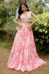 Vana Ethnics_Pink Viscose Georgette Print Pearls Plunging Petunia Garden Lehenga Blouse Set _Online_at_Aza_Fashions