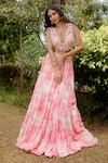 Buy_Vana Ethnics_Pink Viscose Georgette Print Pearls Plunging Petunia Garden Lehenga Blouse Set _Online_at_Aza_Fashions