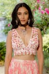 Shop_Vana Ethnics_Pink Viscose Georgette Print Pearls Plunging Petunia Garden Lehenga Blouse Set _Online_at_Aza_Fashions