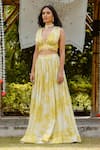 Vana Ethnics_Yellow Viscose Georgette Print Sequins Plunging V Daffodil Lehenga Blouse Set _Online_at_Aza_Fashions