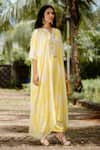 Vana Ethnics_Yellow Viscose Georgette Print Mirror Embroidered Placket Kaftan With Pant_Online_at_Aza_Fashions