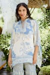 Shop_Vana Ethnics_Blue Viscose Georgette Print Sequins Stand Collar Blossom Top With Sharara _Online_at_Aza_Fashions