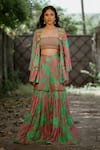 Vana Ethnics_Green Viscose Georgette Print Metallic Discs Dahlia Embellished Sharara Set _Online_at_Aza_Fashions