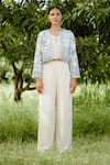 Buy_Vana Ethnics_Blue Silk Print Flora Jacket Open Sequin Beads Embroidered Pant Set _Online_at_Aza_Fashions