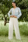 Buy_Vana Ethnics_Blue Silk Print Flora Jacket Open Sequin Beads Embroidered Pant Set _at_Aza_Fashions