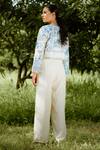 Shop_Vana Ethnics_Blue Silk Print Flora Jacket Open Sequin Beads Embroidered Pant Set _at_Aza_Fashions