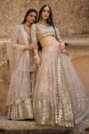 Abhinav Mishra_Grey Lehenga- Organza Embroidered Mirror Boat Notched Neck Bridal Set_at_Aza_Fashions