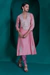 Shop_Adi By Aditya Khandelwl_Pink Modal Satin Embroidered Zari U Neck Chanderi Tunic And Tulip Pant Set _at_Aza_Fashions