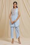 Buy_Tarini Vij_Blue Linen, Cotton Embroidery Round Neck Yoke Kurta And Pant Set _at_Aza_Fashions