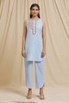 Buy_Tarini Vij_Blue Linen, Cotton Embroidery Round Neck Yoke Kurta And Pant Set _Online_at_Aza_Fashions