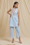 Shop_Tarini Vij_Blue Linen, Cotton Embroidery Round Neck Yoke Kurta And Pant Set _Online_at_Aza_Fashions