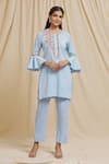 Buy_Tarini Vij_Blue Linen, Cotton Embroidery Round Neck Yoke Bell Sleeve Kurta And Pant Set _at_Aza_Fashions