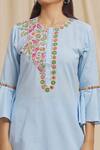 Shop_Tarini Vij_Blue Linen, Cotton Embroidery Round Neck Yoke Bell Sleeve Kurta And Pant Set _at_Aza_Fashions