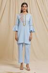 Tarini Vij_Blue Linen, Cotton Embroidery Round Neck Yoke Bell Sleeve Kurta And Pant Set _at_Aza_Fashions