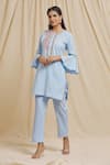 Tarini Vij_Blue Linen, Cotton Embroidery Round Neck Yoke Bell Sleeve Kurta And Pant Set _Online_at_Aza_Fashions