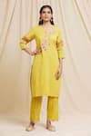 Buy Tarini Vij Yellow Linen, Cotton Embroidery Round Neck Sleeve Kurta And Pant Set at Aza Fashions Buy_Tarini Vij_Yellow Linen, Cotton Embroidery Round Neck Sleeve Kurta And Pant Set _at_Aza_Fashions