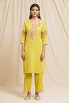 Buy Tarini Vij Yellow Linen, Cotton Embroidery Round Neck Sleeve Kurta And Pant Set Online at Aza Fashions Buy_Tarini Vij_Yellow Linen, Cotton Embroidery Round Neck Sleeve Kurta And Pant Set _Online_at_Aza_Fashions