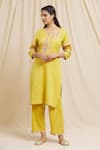 Shop Tarini Vij Yellow Linen, Cotton Embroidery Round Neck Sleeve Kurta And Pant Set Online at Aza Fashions Shop_Tarini Vij_Yellow Linen, Cotton Embroidery Round Neck Sleeve Kurta And Pant Set _Online_at_Aza_Fashions