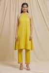 Buy_Tarini Vij_Yellow Linen, Cotton Embroidery Halter Neck Armhole Kurta And Pant Set _Online_at_Aza_Fashions