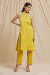 Shop_Tarini Vij_Yellow Linen, Cotton Embroidery Halter Neck Armhole Kurta And Pant Set _Online_at_Aza_Fashions