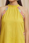 Shop_Tarini Vij_Yellow Linen, Cotton Embroidery Halter Neck Armhole Kurta And Pant Set _at_Aza_Fashions