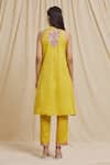 Tarini Vij_Yellow Linen, Cotton Embroidery Halter Neck Armhole Kurta And Pant Set _Online_at_Aza_Fashions