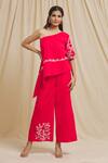 Buy Tarini Vij Red Linen, Cotton Embroidery One Shoulder Sleeve Hand Kurta And Pant Set at Aza Fashions Buy_Tarini Vij_Red Linen, Cotton Embroidery One Shoulder Sleeve Hand Kurta And Pant Set _at_Aza_Fashions