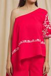 Shop Tarini Vij Red Linen, Cotton Embroidery One Shoulder Sleeve Hand Kurta And Pant Set at Aza Fashions Shop_Tarini Vij_Red Linen, Cotton Embroidery One Shoulder Sleeve Hand Kurta And Pant Set _at_Aza_Fashions