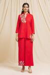 Buy_Tarini Vij_Red Linen, Cotton Embroidery, Mirrors Bandeau Neck Half Yoke Kurta And Pant Set _Online_at_Aza_Fashions