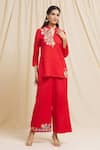 Shop_Tarini Vij_Red Linen, Cotton Embroidery, Mirrors Bandeau Neck Half Yoke Kurta And Pant Set _Online_at_Aza_Fashions