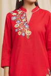 Shop_Tarini Vij_Red Linen, Cotton Embroidery, Mirrors Bandeau Neck Half Yoke Kurta And Pant Set _at_Aza_Fashions