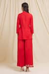 Tarini Vij_Red Linen, Cotton Embroidery, Mirrors Bandeau Neck Half Yoke Kurta And Pant Set _Online_at_Aza_Fashions