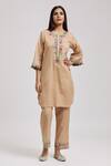 Buy_Tarini Vij_Beige Linen, Cotton Embroidery, Mirrors Round Neck Bloom Kurta With Pant _at_Aza_Fashions