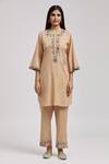 Buy_Tarini Vij_Beige Linen, Cotton Embroidery, Mirrors Round Neck Bloom Kurta With Pant _Online_at_Aza_Fashions