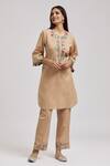 Shop_Tarini Vij_Beige Linen, Cotton Embroidery, Mirrors Round Neck Bloom Kurta With Pant _Online_at_Aza_Fashions