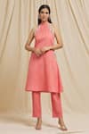 Buy_Tarini Vij_Pink Linen Cotton Embroidery Blossom Halter Neck Kurta With Pant _at_Aza_Fashions