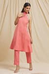 Shop_Tarini Vij_Pink Linen Cotton Embroidery Blossom Halter Neck Kurta With Pant _Online_at_Aza_Fashions