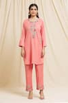 Buy_Tarini Vij_Pink Linen Cotton Embroidery Petunia Round Mirror Kurta With Pant _Online_at_Aza_Fashions