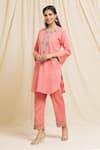 Shop_Tarini Vij_Pink Linen Cotton Embroidery Petunia Round Mirror Kurta With Pant _Online_at_Aza_Fashions