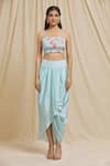 Buy_Tarini Vij_Blue Imported Satin Print Tiger Lily Bustier Square Cape Draped Skirt Set _Online_at_Aza_Fashions