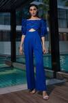 Buy_Vidhi Wadhwani_Blue Crepe Embroidery Boat Neck Amina Criss Cross Geometric Applique Jumpsuit _at_Aza_Fashions