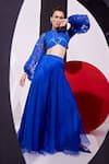 Buy_Vidhi Wadhwani_Blue Silk Organza Round Cari Weave Pattern Embellished Top With Palazzo Pant _at_Aza_Fashions