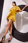 Buy_Vidhi Wadhwani_Yellow Crepe Fringe, Applique Eva Metallic Swirls Blazer With Shorts _at_Aza_Fashions