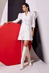 Buy_Vidhi Wadhwani_White Cotton, Crepe Applique Collared Shaya Leaf Blazer Dress _at_Aza_Fashions