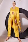 Buy_Vidhi Wadhwani_Yellow Stretch Crepe Embellished Foliage Jacket Thia Applique Trench Pant Set _at_Aza_Fashions