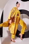 Vidhi Wadhwani_Yellow Stretch Crepe Embellished Foliage Jacket Thia Applique Trench Pant Set _Online_at_Aza_Fashions