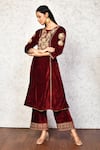 Buy_Samyukta Singhania_Maroon Velvet Embroidered Floral Round Kurta And Palazzo Set _at_Aza_Fashions