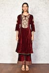 Buy_Samyukta Singhania_Maroon Velvet Embroidered Floral Round Kurta And Palazzo Set _Online_at_Aza_Fashions