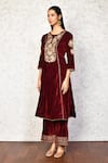 Shop_Samyukta Singhania_Maroon Velvet Embroidered Floral Round Kurta And Palazzo Set _Online_at_Aza_Fashions